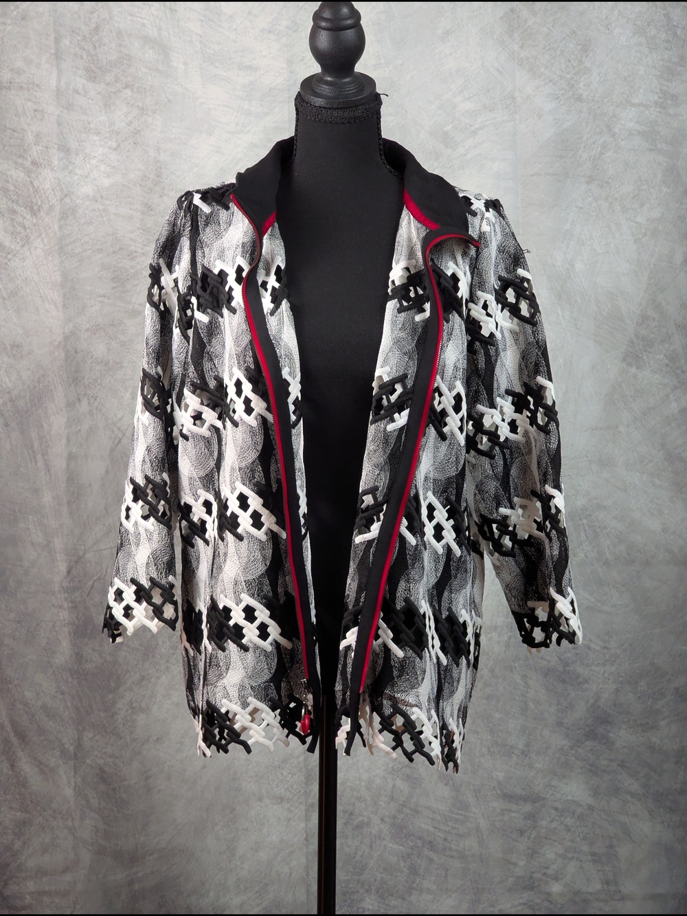 Black & White Patterned Open-Front Jacket with Red Trim